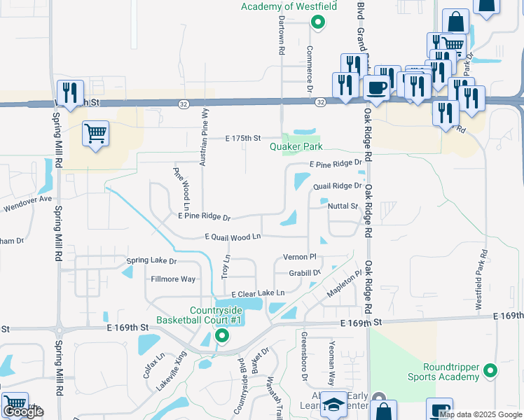 map of restaurants, bars, coffee shops, grocery stores, and more near 372 Pine Ridge Drive in Westfield