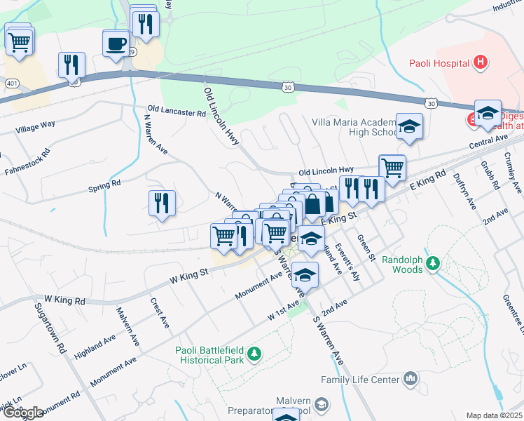 map of restaurants, bars, coffee shops, grocery stores, and more near 4 High Street in Malvern