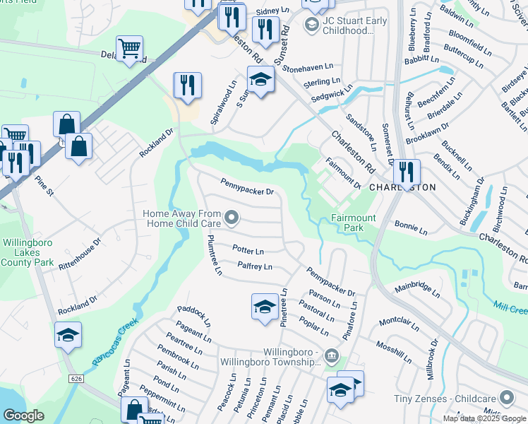 map of restaurants, bars, coffee shops, grocery stores, and more near 50 Perennial Lane in Willingboro