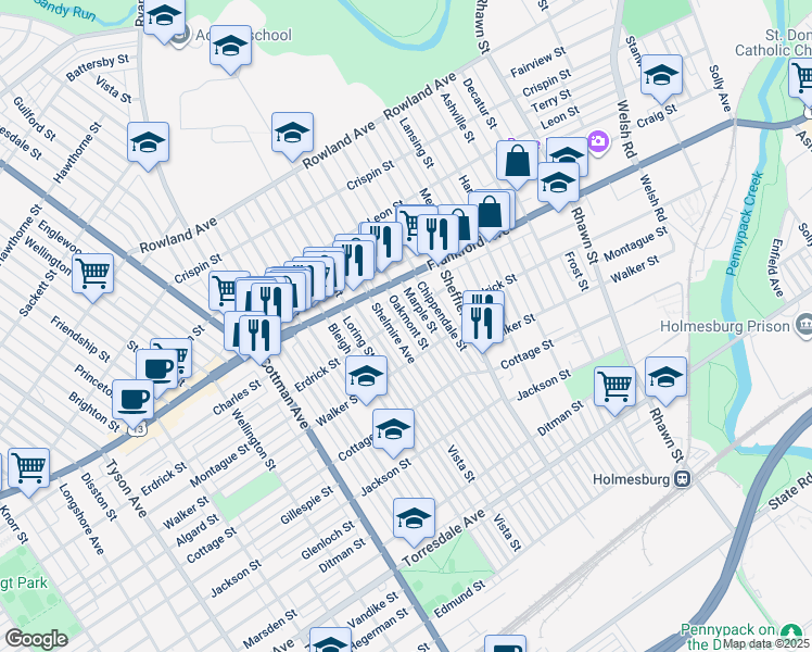 map of restaurants, bars, coffee shops, grocery stores, and more near 4206 Oakmont Street in Philadelphia