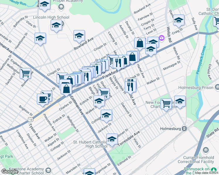 map of restaurants, bars, coffee shops, grocery stores, and more near 4206 Oakmont Street in Philadelphia