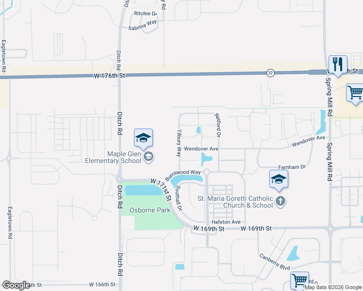 map of restaurants, bars, coffee shops, grocery stores, and more near 1055 Swinton Way in Westfield