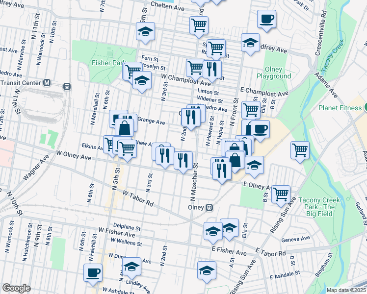 map of restaurants, bars, coffee shops, grocery stores, and more near 199 West Chew Avenue in Philadelphia