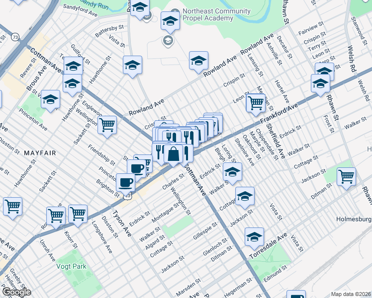 map of restaurants, bars, coffee shops, grocery stores, and more near 3546 Aldine Street in Philadelphia