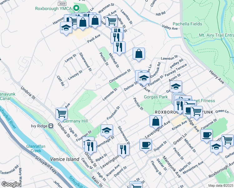 map of restaurants, bars, coffee shops, grocery stores, and more near 364 Delmar Street in Philadelphia