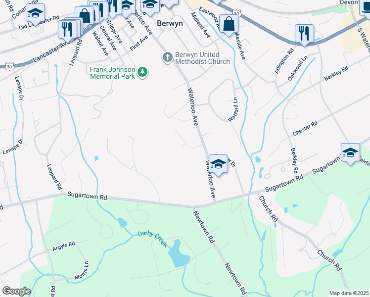 map of restaurants, bars, coffee shops, grocery stores, and more near 240 Dogwood Lane in Berwyn