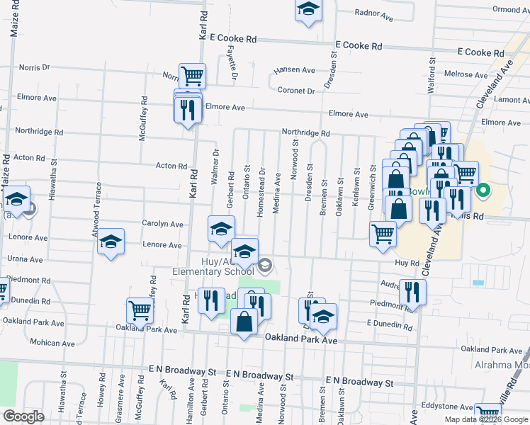 map of restaurants, bars, coffee shops, grocery stores, and more near 3485 Homestead Drive in Columbus