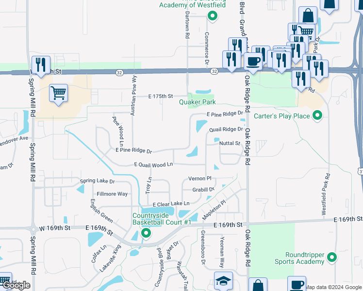 map of restaurants, bars, coffee shops, grocery stores, and more near 412 East Pine Ridge Drive in Westfield
