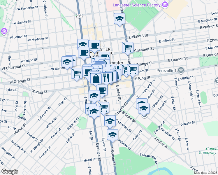 map of restaurants, bars, coffee shops, grocery stores, and more near 24 South Christian Street in Lancaster