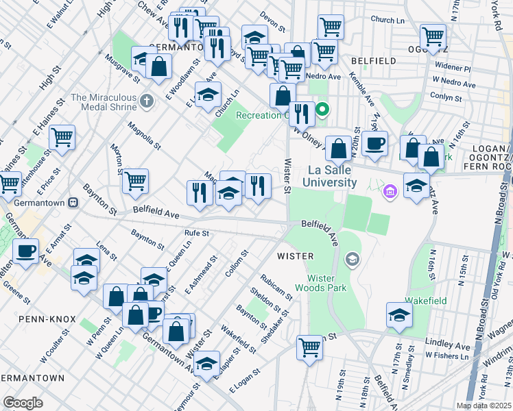 map of restaurants, bars, coffee shops, grocery stores, and more near 514 East Ashmead Street in Philadelphia
