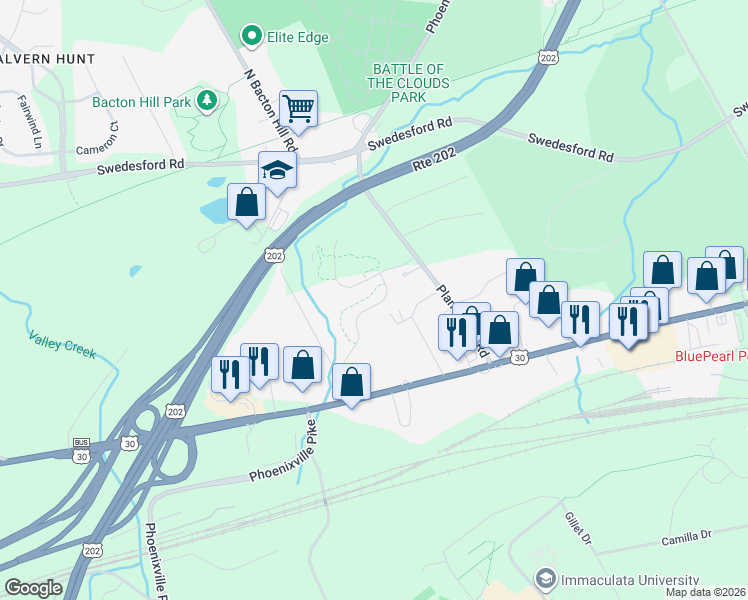 map of restaurants, bars, coffee shops, grocery stores, and more near 120 Cricket Drive in Malvern