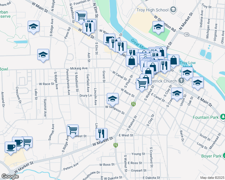 map of restaurants, bars, coffee shops, grocery stores, and more near 302 West Race Street in Troy