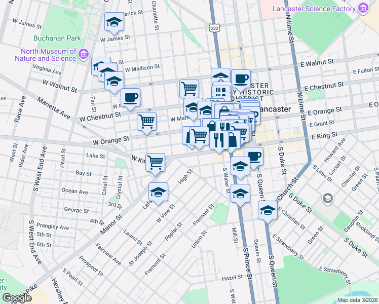 map of restaurants, bars, coffee shops, grocery stores, and more near 315 West King Street in Lancaster