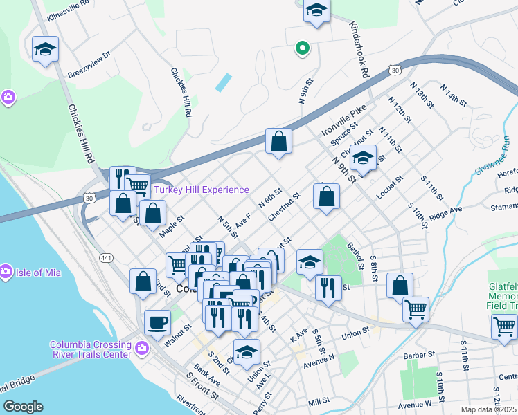 map of restaurants, bars, coffee shops, grocery stores, and more near 251 North 6th Street in Columbia
