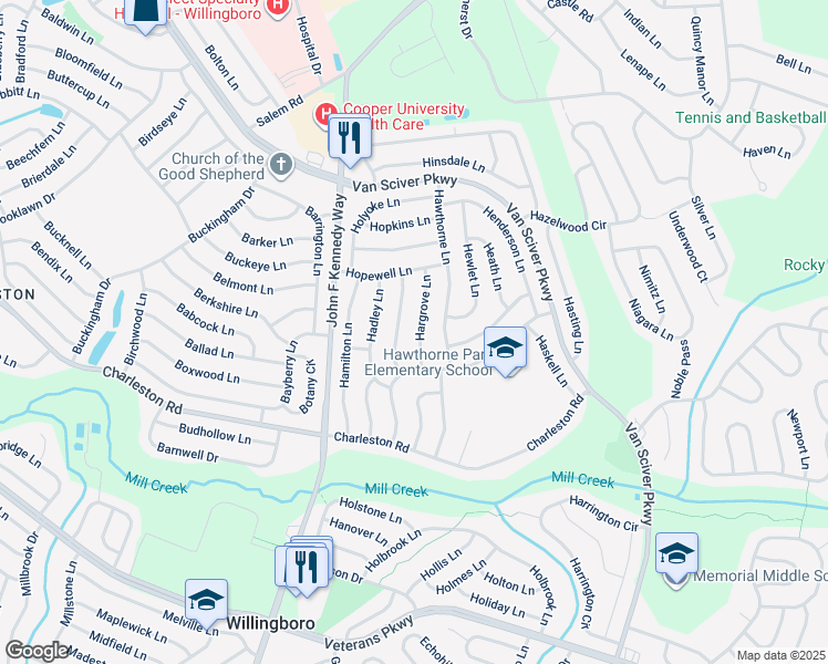 map of restaurants, bars, coffee shops, grocery stores, and more near 19 Hargrove Lane in Willingboro