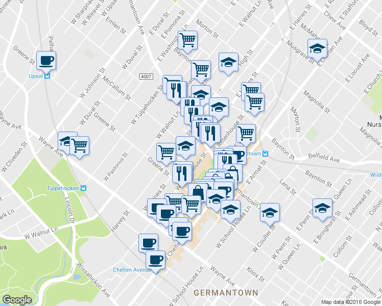 map of restaurants, bars, coffee shops, grocery stores, and more near 44 W Haines St in Philadelphia