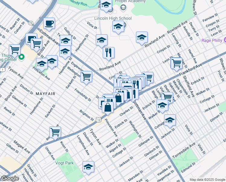 map of restaurants, bars, coffee shops, grocery stores, and more near 3449 Englewood Street in Philadelphia