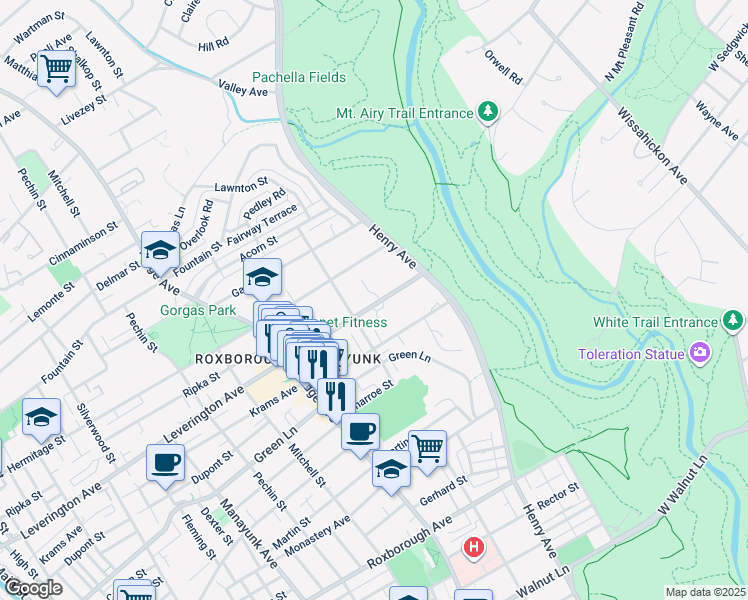 map of restaurants, bars, coffee shops, grocery stores, and more near 626 Leverington Avenue in Philadelphia