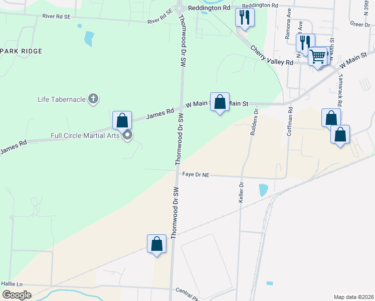 map of restaurants, bars, coffee shops, grocery stores, and more near 554 Thornwood Drive Southwest in Heath