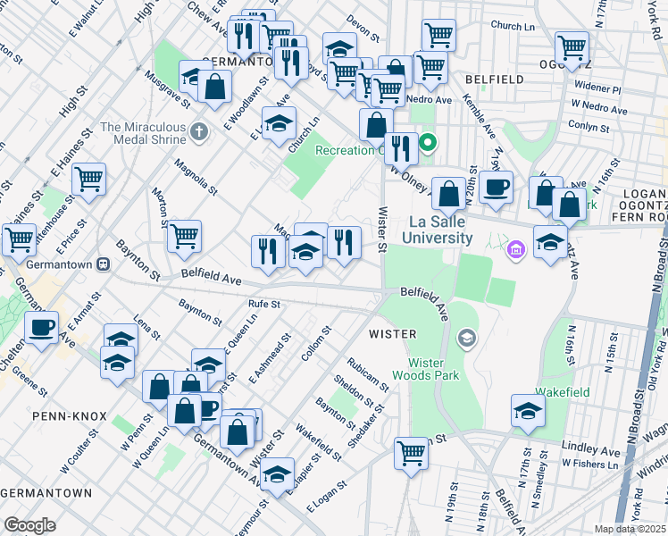 map of restaurants, bars, coffee shops, grocery stores, and more near 507 East Ashmead Street in Philadelphia