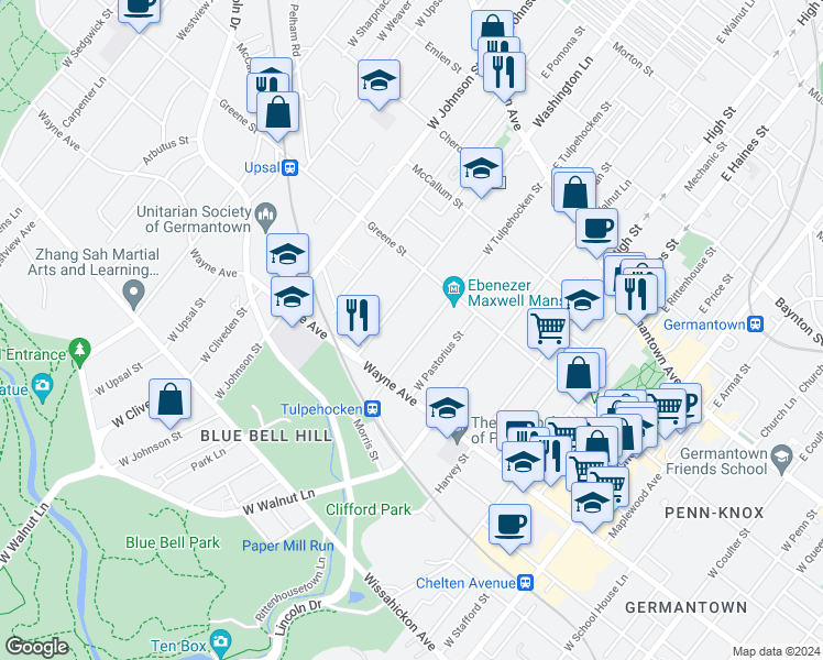 map of restaurants, bars, coffee shops, grocery stores, and more near 243 West Tulpehocken Street in Philadelphia