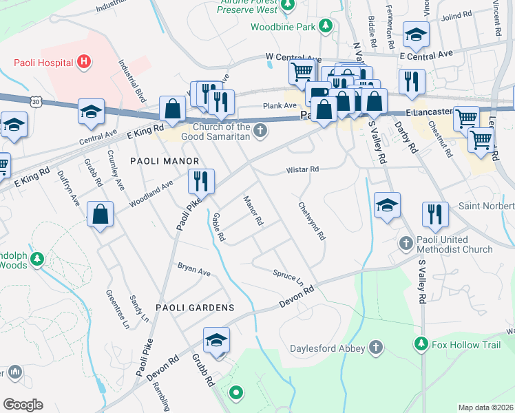 map of restaurants, bars, coffee shops, grocery stores, and more near 114 South Cedar Hollow Road in Paoli