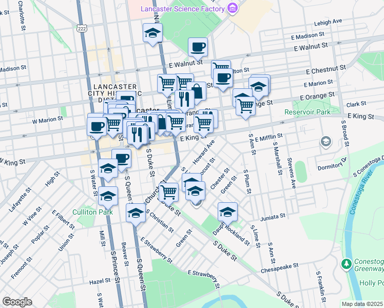 map of restaurants, bars, coffee shops, grocery stores, and more near Church Street in Lancaster