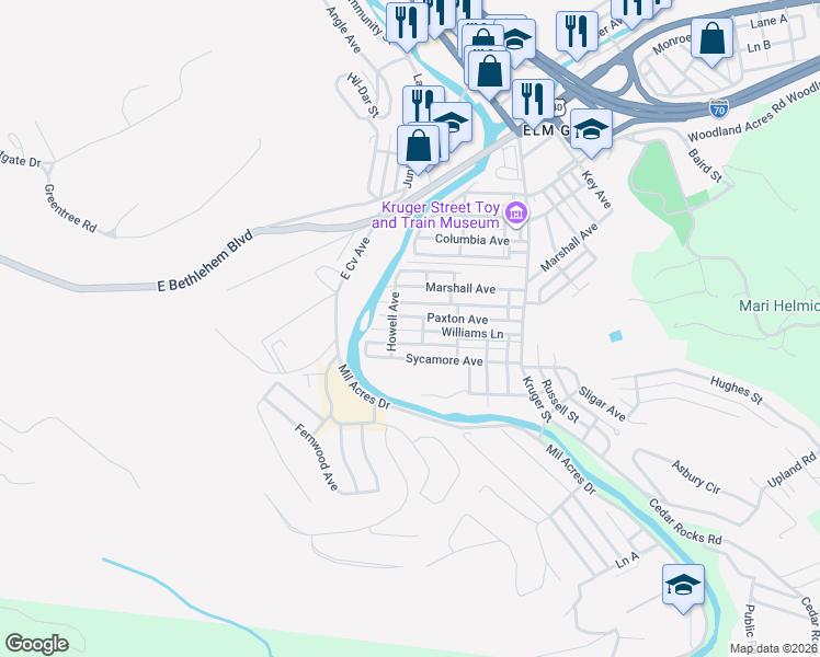 map of restaurants, bars, coffee shops, grocery stores, and more near 156 Paxton Ave in Wheeling