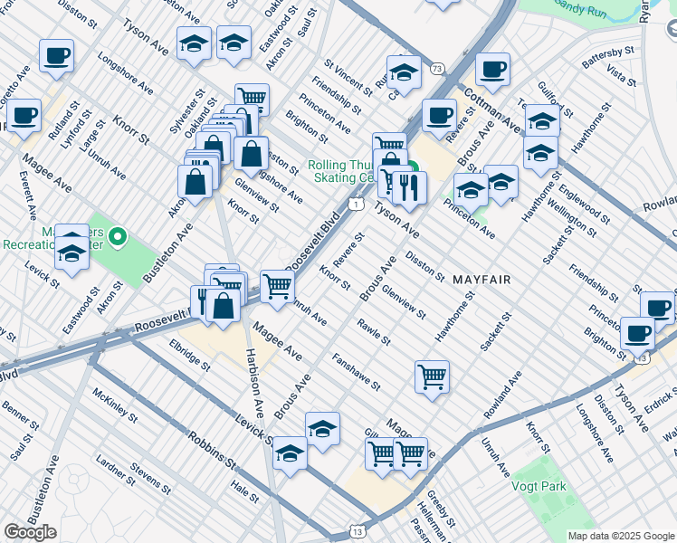 map of restaurants, bars, coffee shops, grocery stores, and more near 2803 Knorr Street in Philadelphia