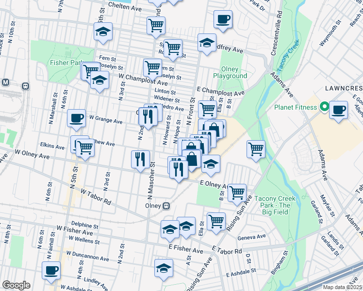 map of restaurants, bars, coffee shops, grocery stores, and more near 5726 North Front Street in Philadelphia
