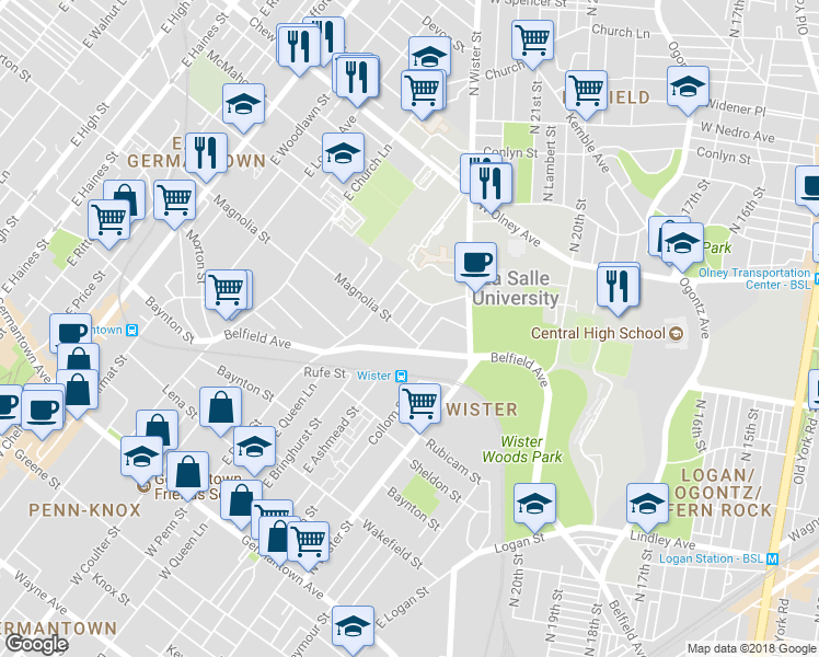 map of restaurants, bars, coffee shops, grocery stores, and more near 507 East Ashmead Street in Philadelphia