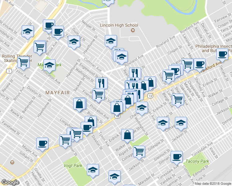 map of restaurants, bars, coffee shops, grocery stores, and more near 3422 Englewood Street in Philadelphia