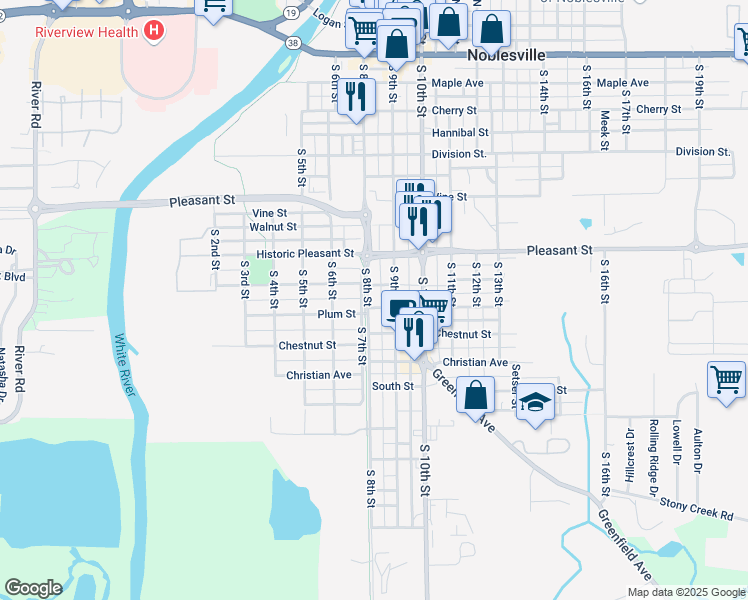 map of restaurants, bars, coffee shops, grocery stores, and more near 954 South 8th Street in Noblesville