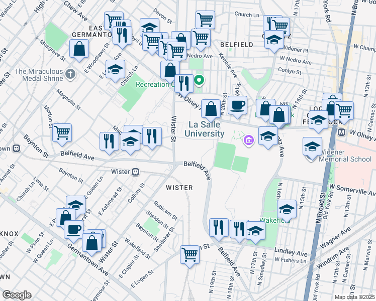 map of restaurants, bars, coffee shops, grocery stores, and more near 5401 East Water Street in Philadelphia