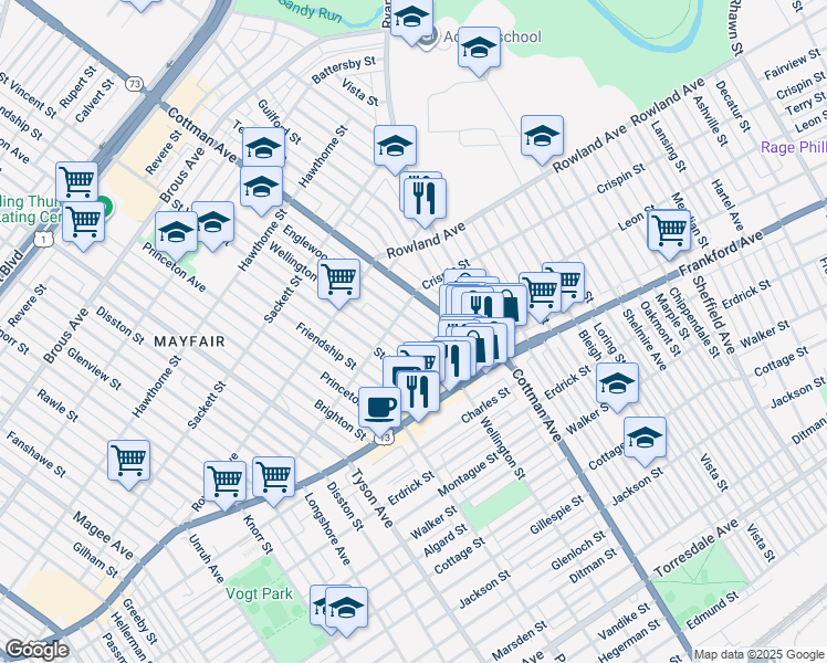 map of restaurants, bars, coffee shops, grocery stores, and more near 3422 Englewood Street in Philadelphia