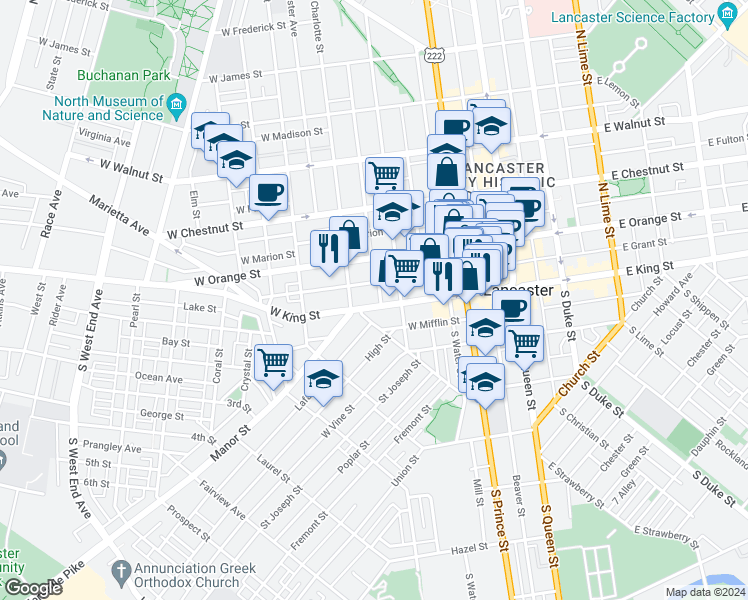 map of restaurants, bars, coffee shops, grocery stores, and more near 327 West King Street in Lancaster