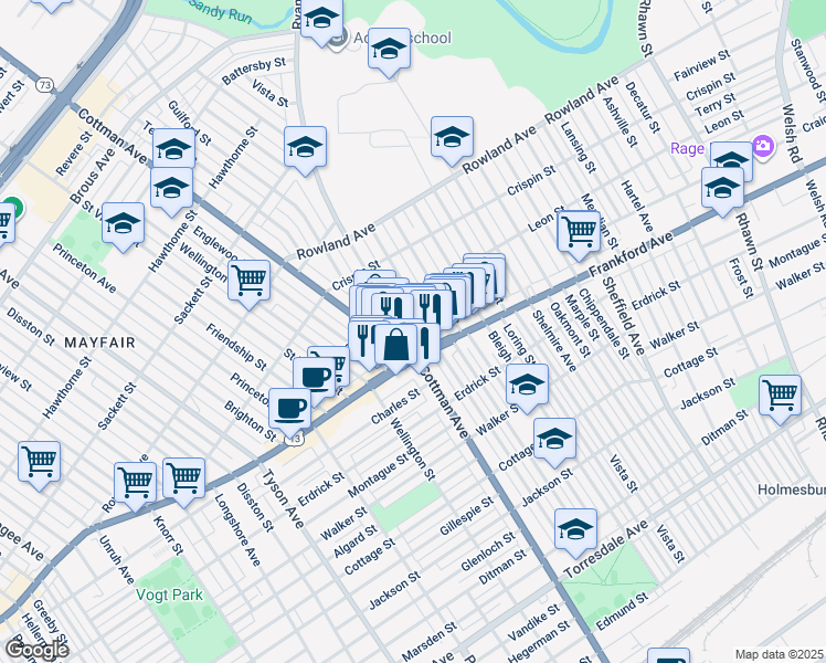 map of restaurants, bars, coffee shops, grocery stores, and more near 3537 Ryan Avenue in Philadelphia