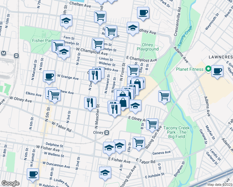 map of restaurants, bars, coffee shops, grocery stores, and more near 5726 North Front Street in Philadelphia