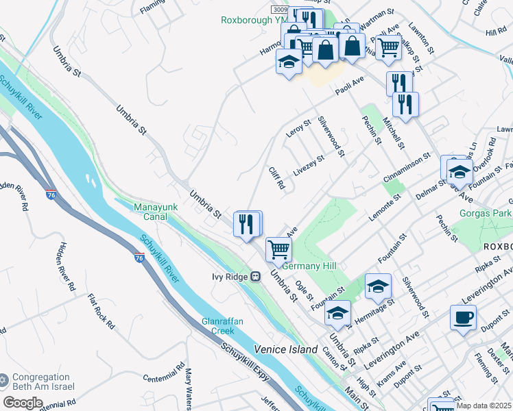 map of restaurants, bars, coffee shops, grocery stores, and more near 245 Paoli Avenue in Philadelphia