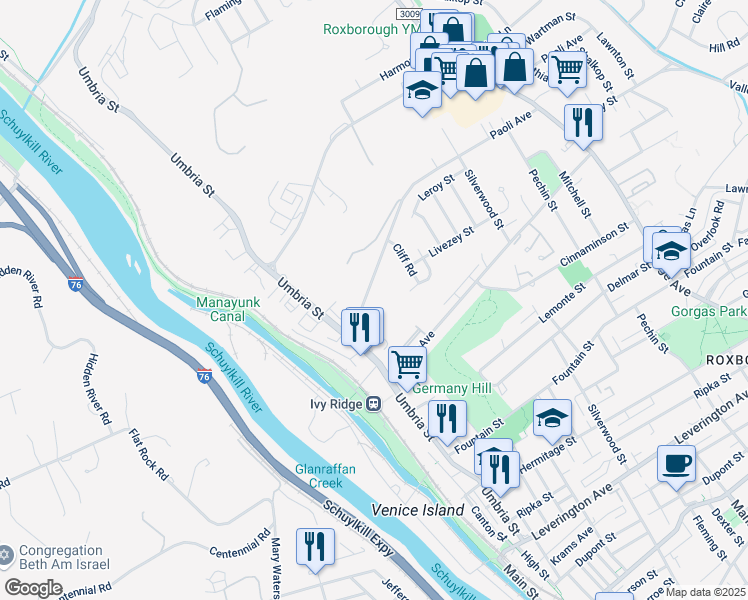 map of restaurants, bars, coffee shops, grocery stores, and more near 245 Paoli Avenue in Philadelphia