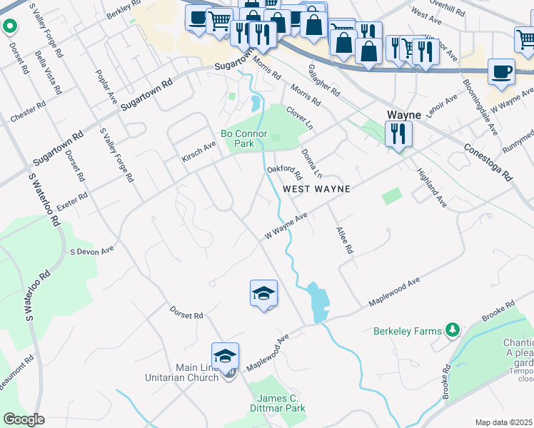 map of restaurants, bars, coffee shops, grocery stores, and more near 106 Oakford Circle in Wayne