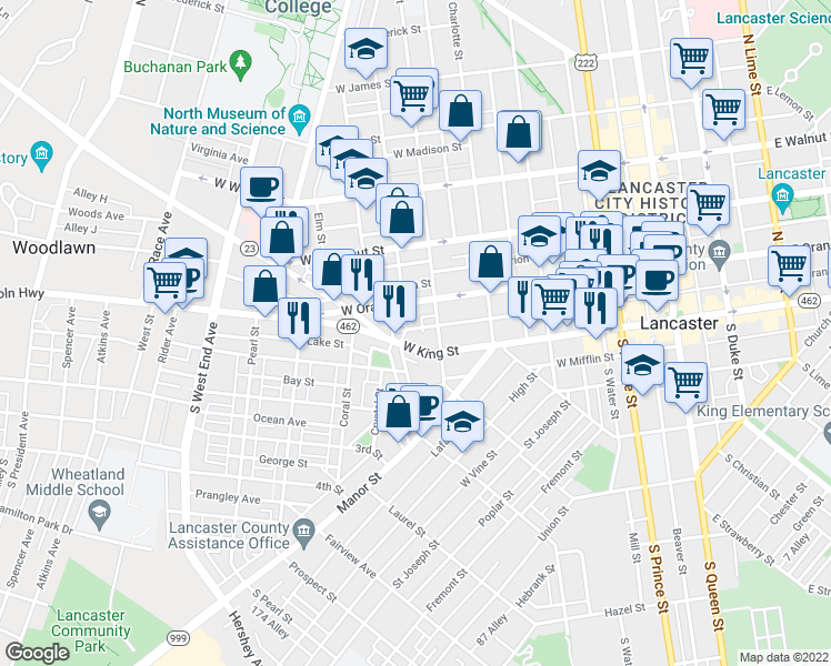map of restaurants, bars, coffee shops, grocery stores, and more near 518 West Grant Street in Lancaster