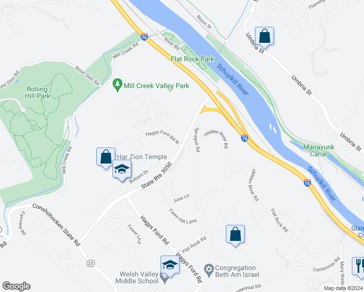 map of restaurants, bars, coffee shops, grocery stores, and more near 2000 Hagys Ford Road in Narberth
