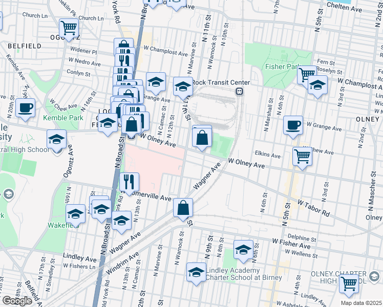 map of restaurants, bars, coffee shops, grocery stores, and more near 1034 West Olney Avenue in Philadelphia
