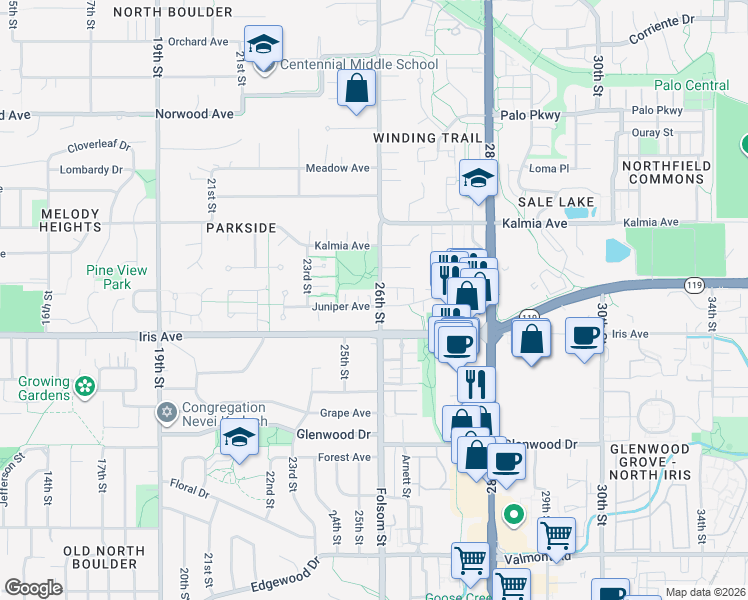 map of restaurants, bars, coffee shops, grocery stores, and more near 2595 Juniper Avenue in Boulder