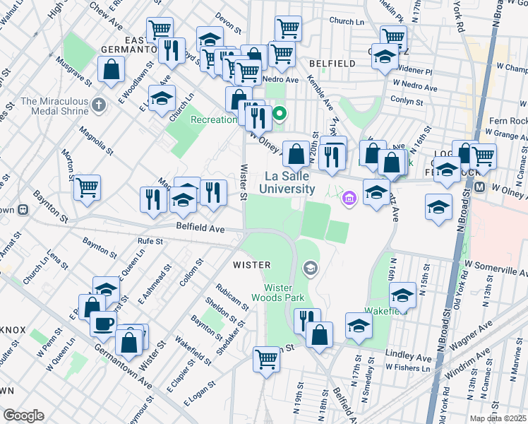 map of restaurants, bars, coffee shops, grocery stores, and more near 5401 East Wister Street in Philadelphia