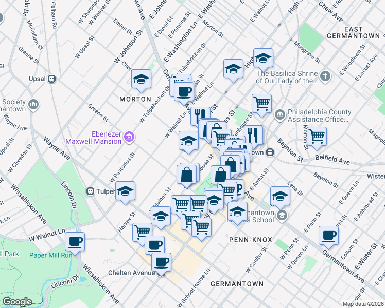 map of restaurants, bars, coffee shops, grocery stores, and more near 45 West Haines Street in Philadelphia