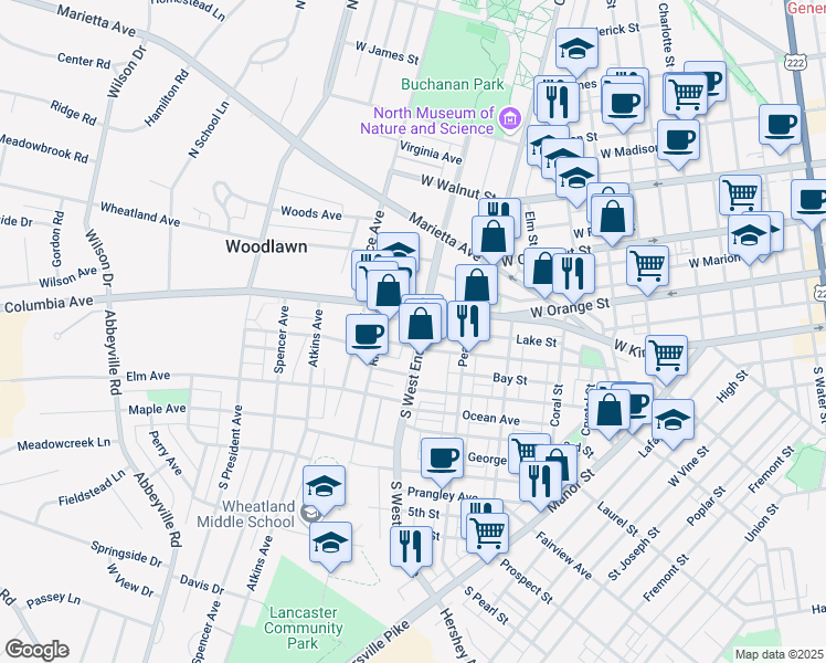 map of restaurants, bars, coffee shops, grocery stores, and more near 20 South West End Avenue in Lancaster