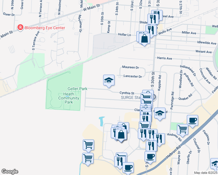 map of restaurants, bars, coffee shops, grocery stores, and more near 152 Cynthia Street in Heath