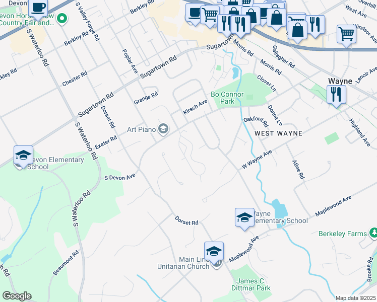 map of restaurants, bars, coffee shops, grocery stores, and more near 124 Eaton Drive in Wayne